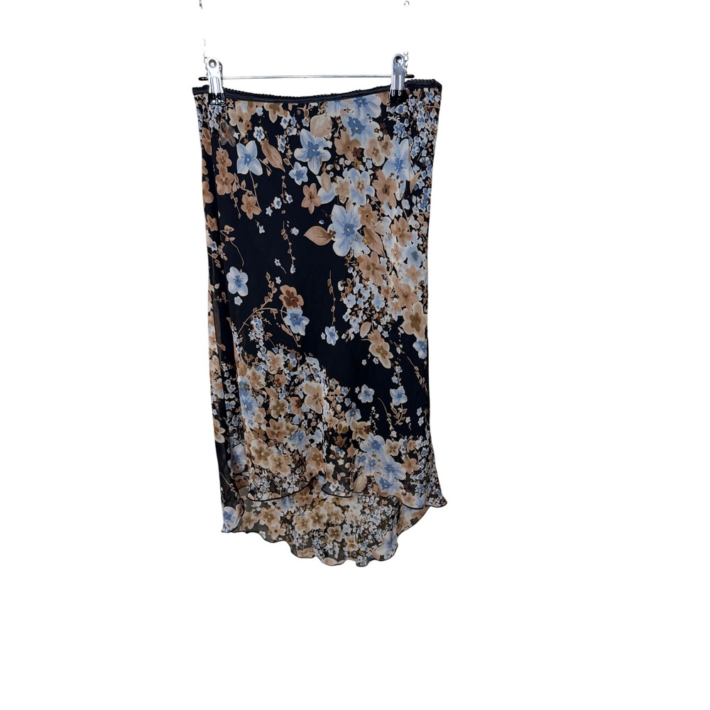 Jonathan Martin Vintage Floral High Low Midi Skirt Black Blue Tan Medium USA
